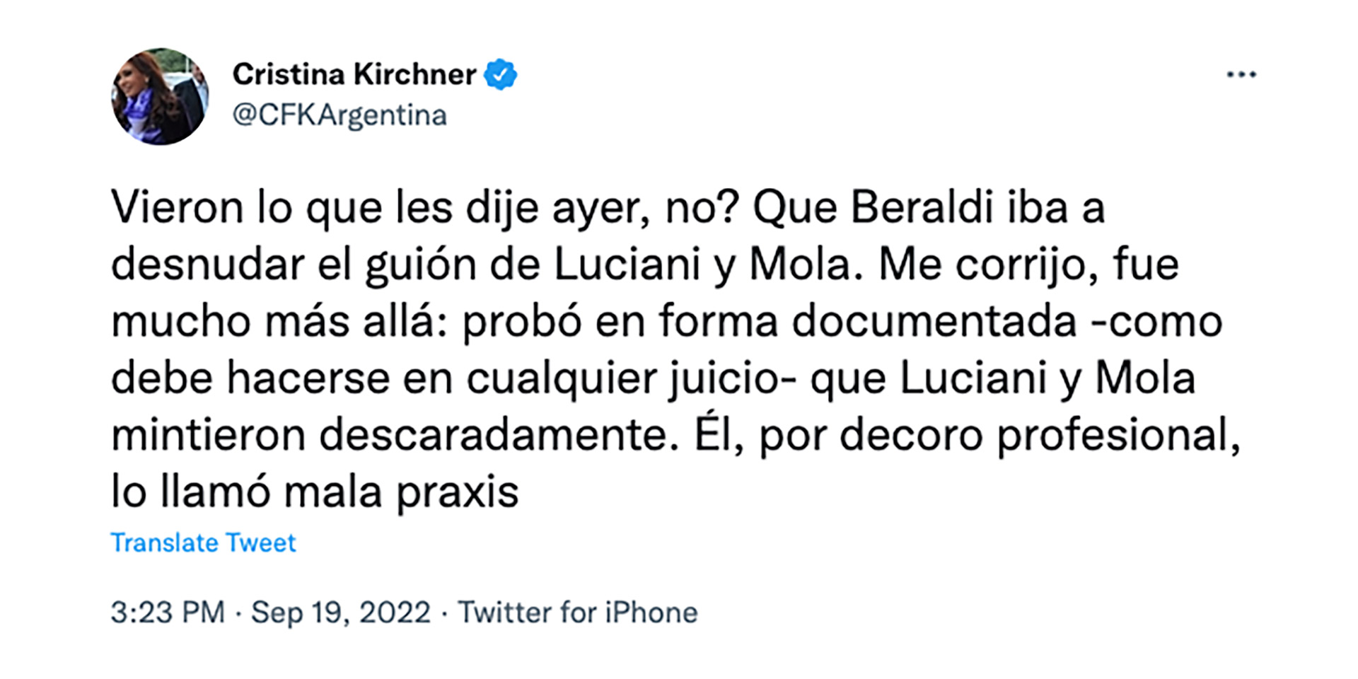 El tuit de la vicepresidenta Cristina Kirchner sobre el alegato presentado por su abogado penalista, Carlos Beraldi 