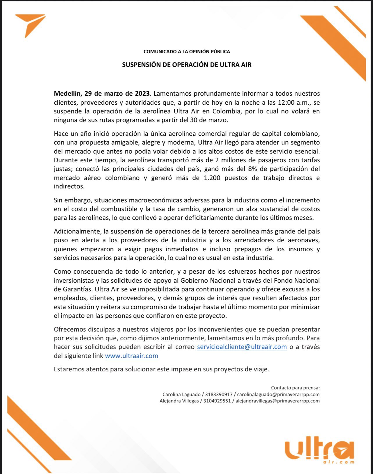 La aerolínea anunció la suspensión de sus operaciones en Colombia desde las 12:00 a. m. del 30 de marzo. Ultra Air.