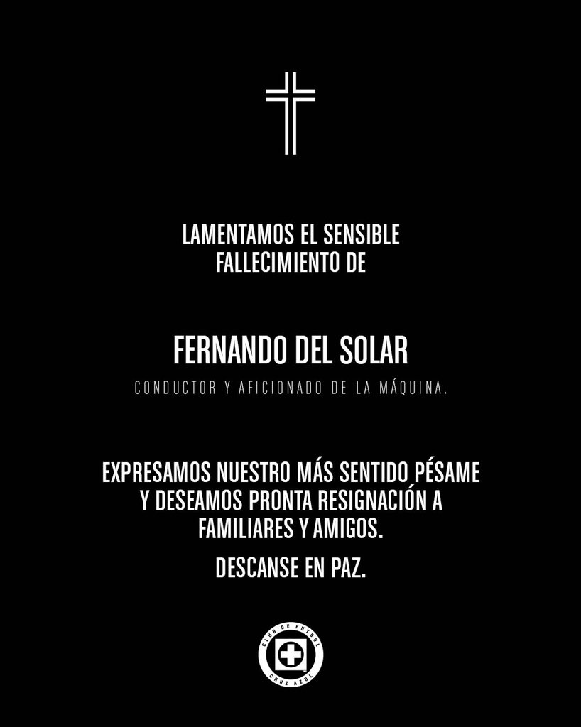 El equipo celeste dedicó una esquela a Fernando del Solar (Foto: Twitter/@CruzAzul)