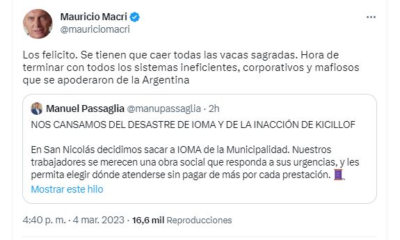 El respaldo del ex presidente Mauricio Macri al anuncio del intendente de San Nicolás