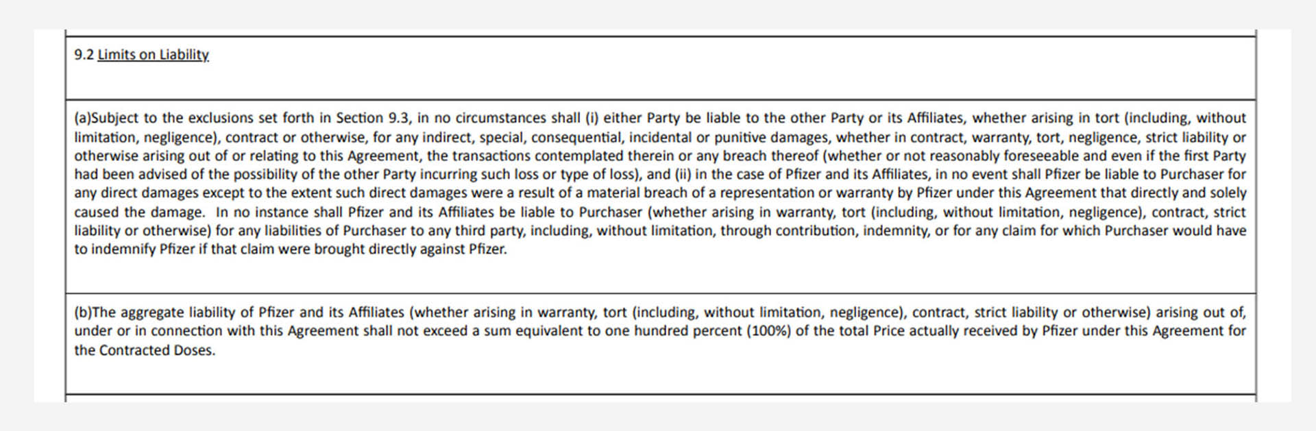 The clause in Pfizer's contract with Brazil specifying compensation in the event of "negligence"