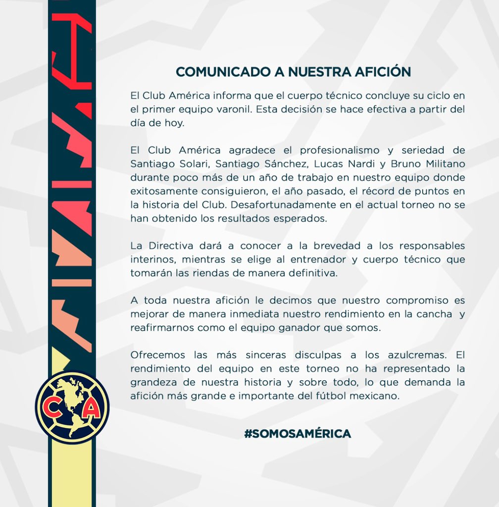 Comunicado sobre el despido de técnico argentino. Foto: Twitter @ClubAmerica