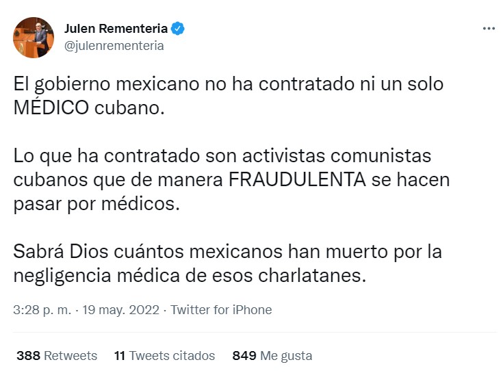 El panista cuestionó al mandatario sobre las vidas que arrebató al contratar médicos “fraudulentos” durante la pandemia del COVID-19 (Foto: Twitter/@julenrementeria)