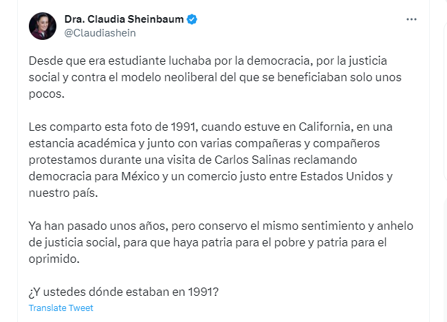 Claudia Sheinbaum recordó sus momentos de activista estudiantil. (Twitter)