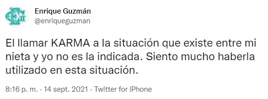 Enrique Guzmán si è scusato tramite il suo account Twitter per aver chiamato "Karma" La morte di Natasha (Cattura: @enriqueguzman/twitter)