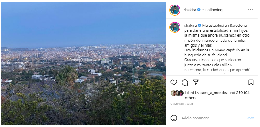 El mensaje de Shakira a través de su cuenta de Instagram, en la que se despidió de Barcelona y las personas con las que compartió allí