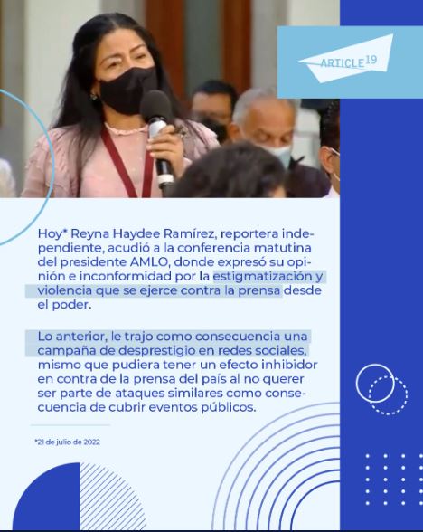 Denunciaron que hay una campaña de desprestigio en contra de Reyna Haydeé (foto: @article19mex)