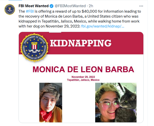 El FBI ofreció 40 mil dólares por información sobre Monica de Leon Barba. Foto: FBI