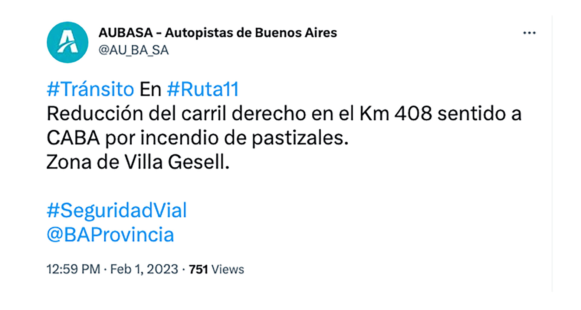 Advertencia de AUBASA para los conductores que circulen por la ruta provincial 11. 