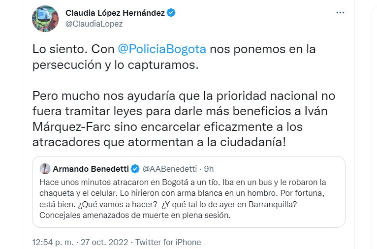 Claudia López responds to a complaint about the robbery of Armando Benedetti's uncle.  Screenshot