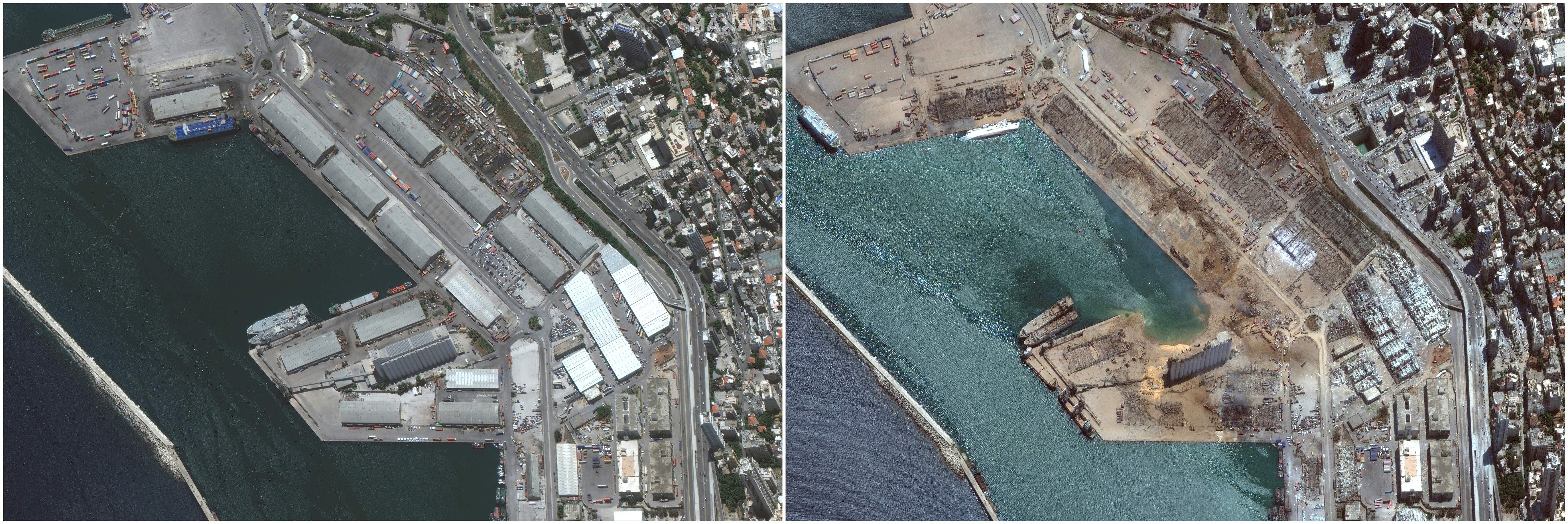 El incidente llegó a sacudir ventanas en la isla de Chipre, en el Mediterráneo, a unos 160 kilómetros de distancia. (Satellite image ©2020 Maxar Technologies/via REUTERS) 