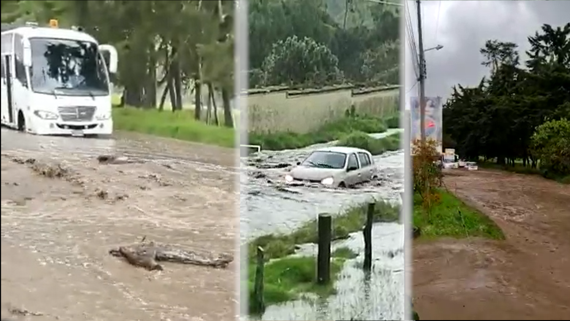 Vía a La Calera por El Codito parecía un río por las inundaciones que provocaron los fuertes aguaceros del viernes 17 de marzo. (Captura de pantalla)
