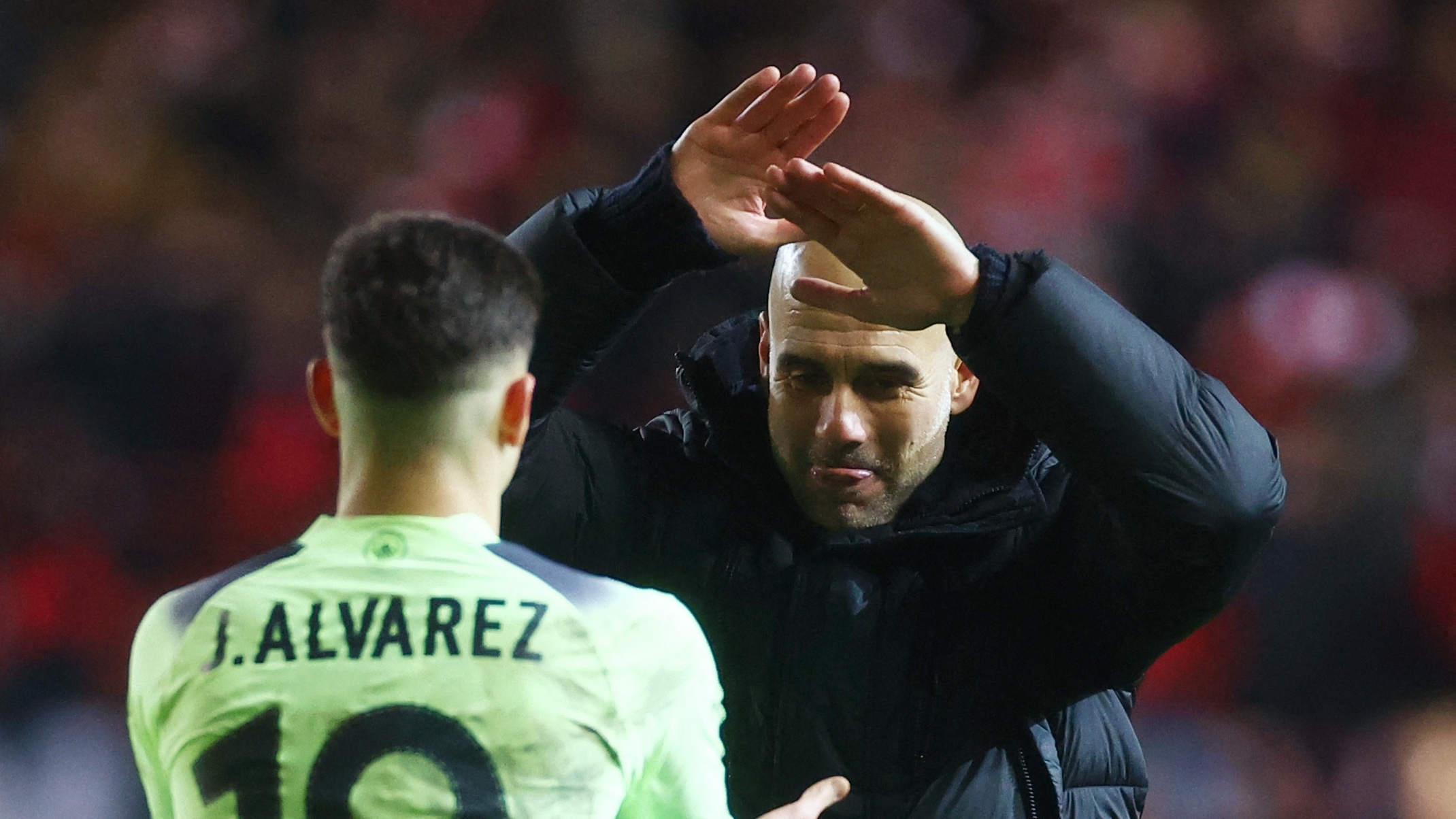 Soccer Football - FA Cup - Fifth Round - Bristol City v Manchester City - Ashton Gate Stadium, Bristol, Britain - February 28, 2023 Manchester City manager Pep Guardiola celebrates with Julian Alvarez after the match Action Images via Reuters/Paul Childs