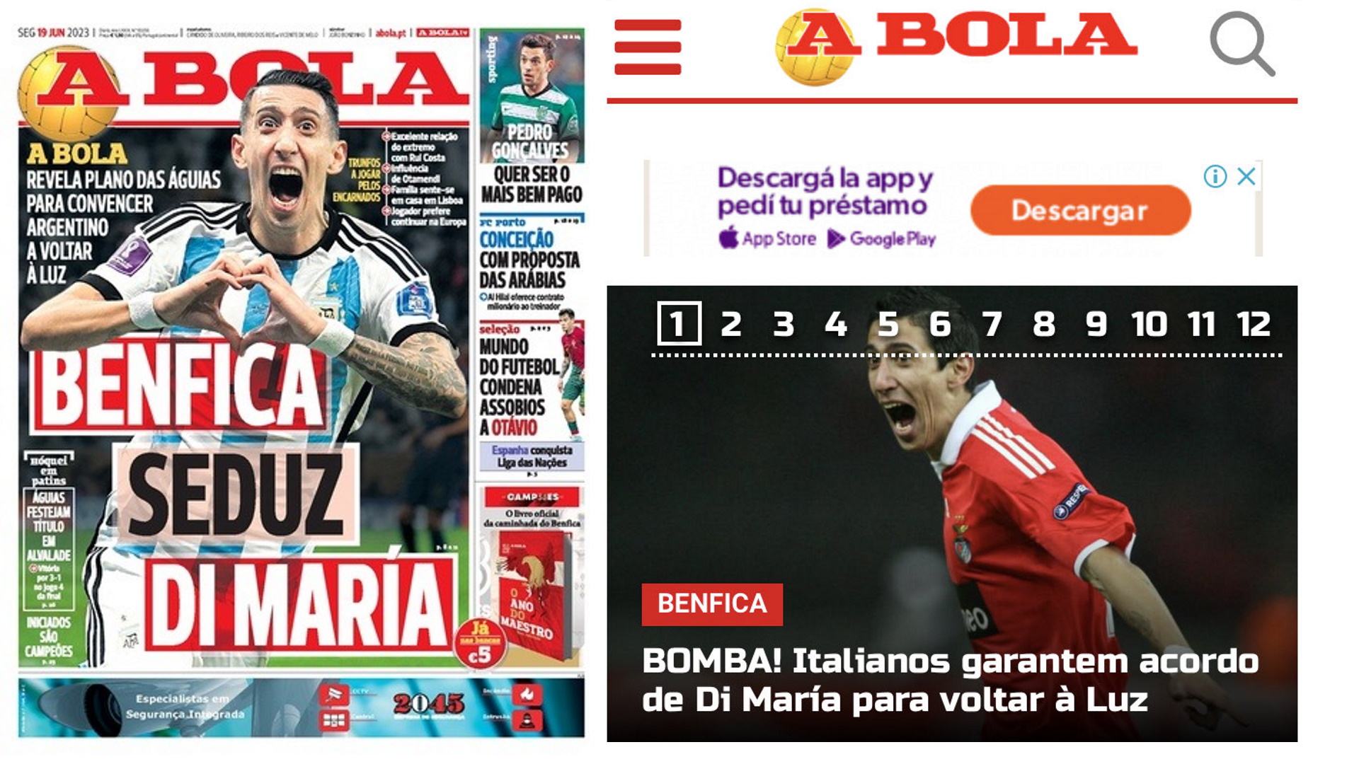 La portada del diario portugués, A Bola, con la novedad sobre el futuro de "Fideo" Di María