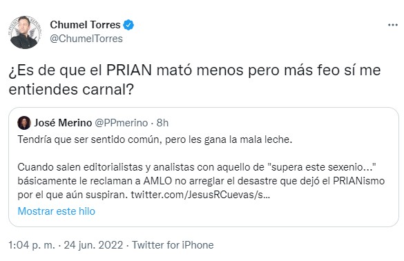Torres cuestionó a los morenistas si debía sentirse tranquilo al saber que en las anteriores gestiones mataron menos personas, pero “más feo” (Foto: Twitter/@ChumelTorres)