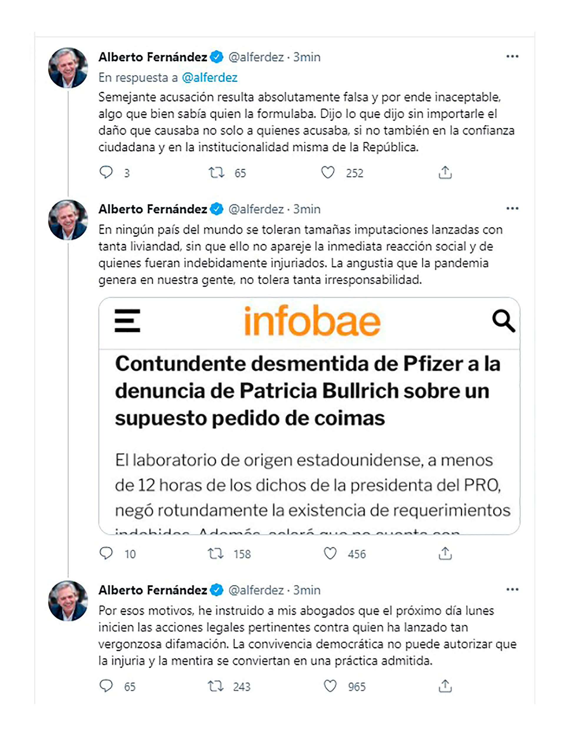Los mensajes de Alberto Fernández sobre los dichos de Patricia Bullrich (Twitter)