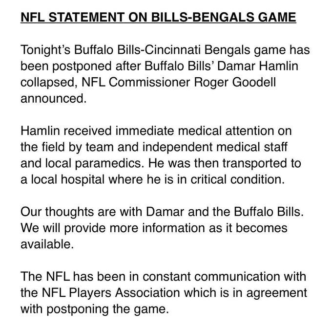 El comunicado de la NFL por el colapso de Damar Hamlin jugador de los Bills