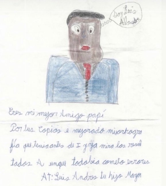 La carta que Luis Andrés Colmenares le escribió de niño a su padre, Luis Alfonso Colmenares. Foto: Twitter Luis Alfonso Colmenares.