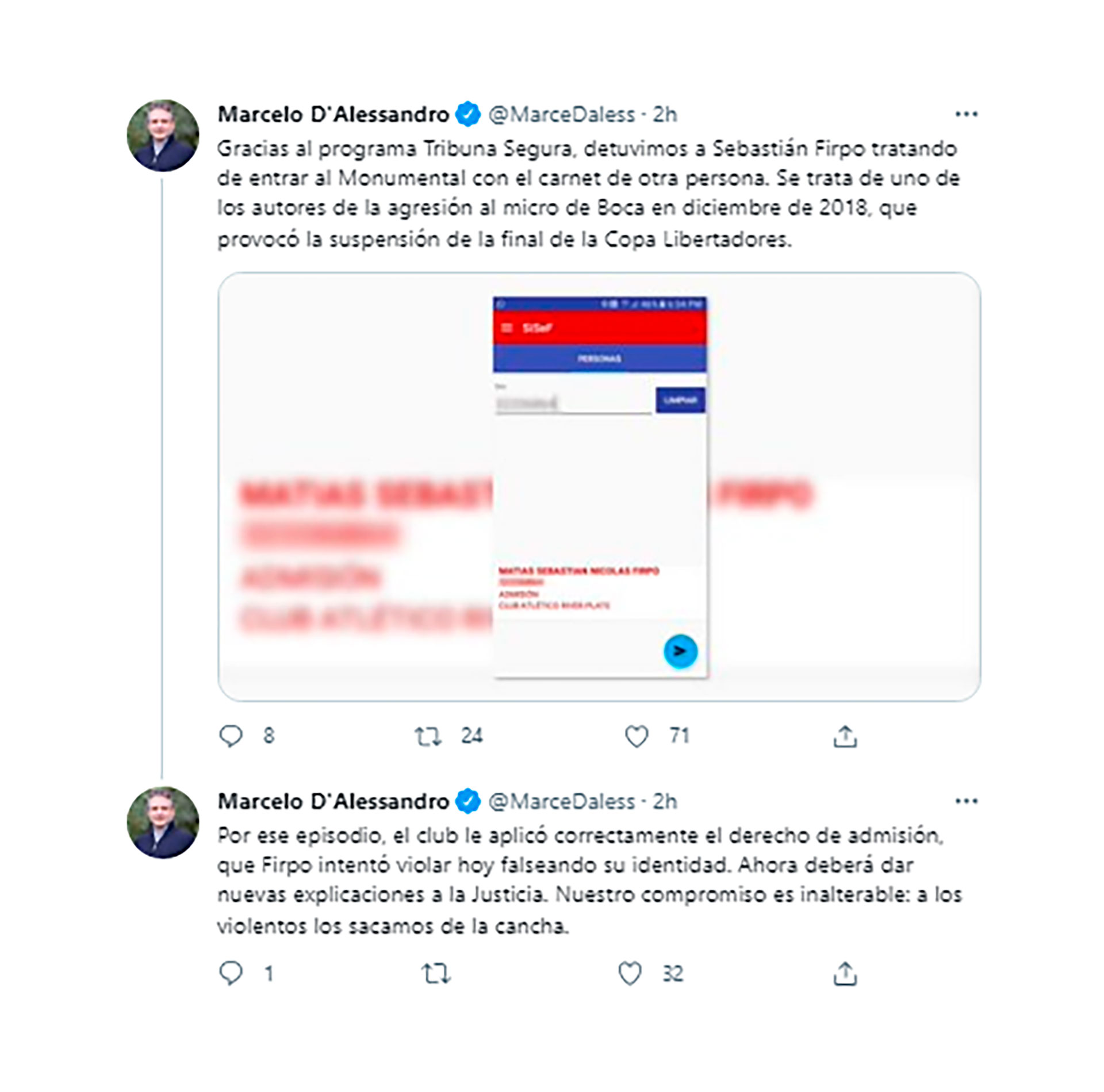 Tweets from the city's Minister of Security and Justice Marcelo D'Alessandro after the arrest