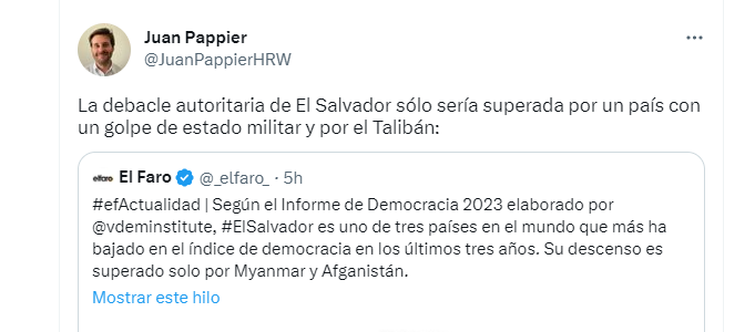 El documento, del Instituto Varieties of Democracy (V-Dem) de la Universidad de Gotemburgo compartido por Juan Papier, señala que bajo el Gobierno de Nayib Bukele se “intensificó su represión contra los periodistas y la libertad de prensa” y que junto a Túnez “ya no son democracias”. (TWITTER