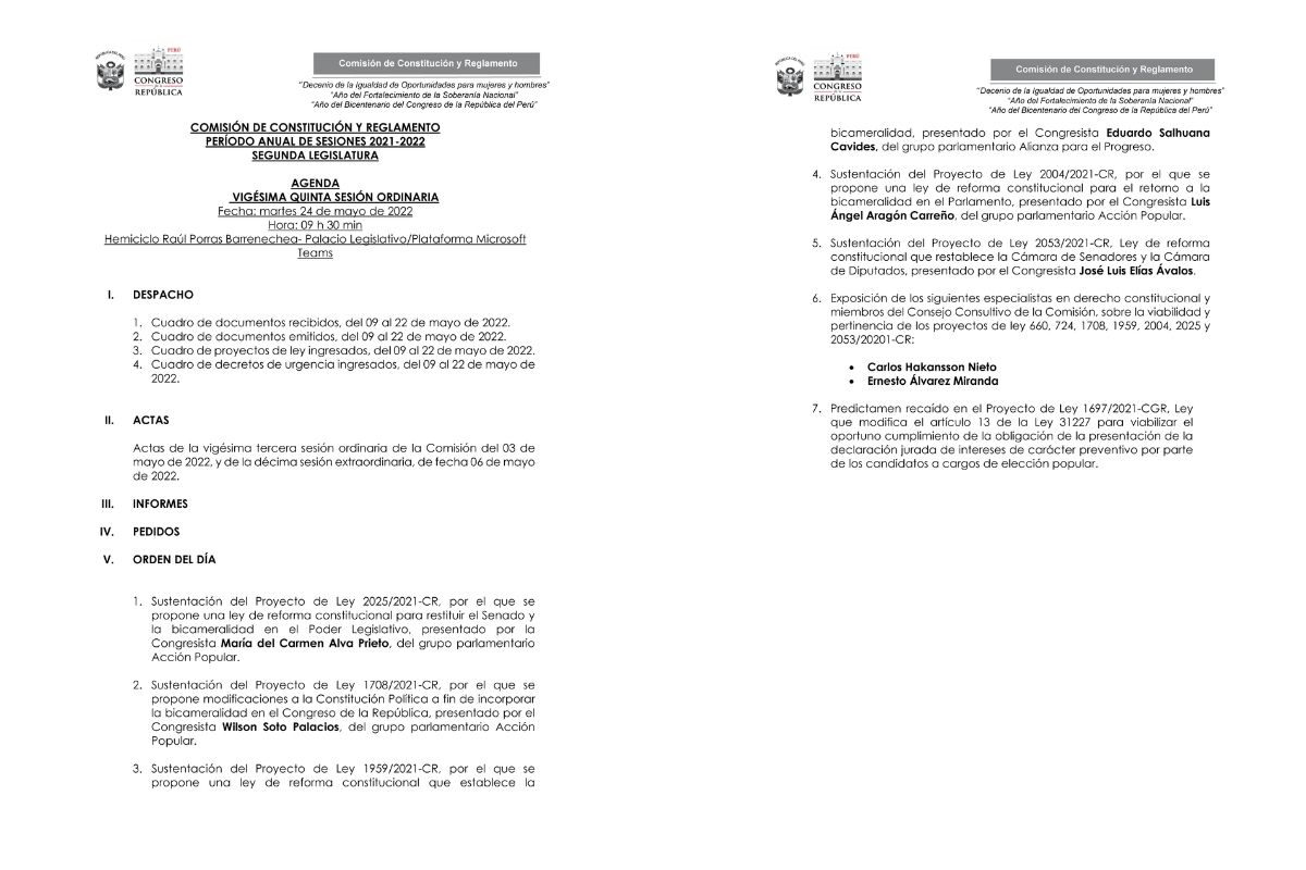 Proyecto de ley que será sustentado por María del Carmen Alva el martes 24 de mayo. Foto: Comisión Constitución y Reglamento/Twitter.