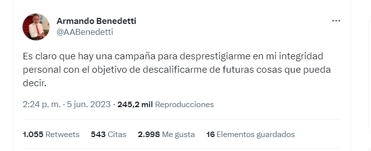 El exembajador de Colombia en Venezuela se refirió a las acciones legales en su contra tras la filtración de audios conocidos el domingo 4 de junio.
Twitter (@AABenedetti)