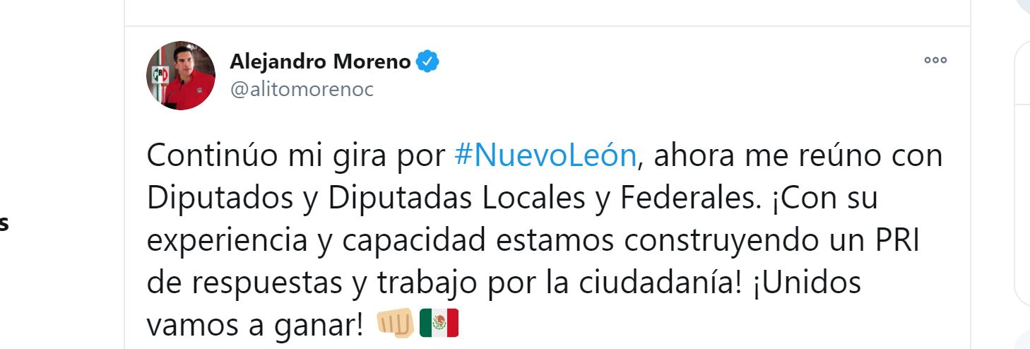 Alejandro Moreno promovió su gira de trabajo por Nuevo León al mismo tiempo que Gustavo de Hoyos promovió a Sí por México (Foto: Twitter / @alitomorenoc)