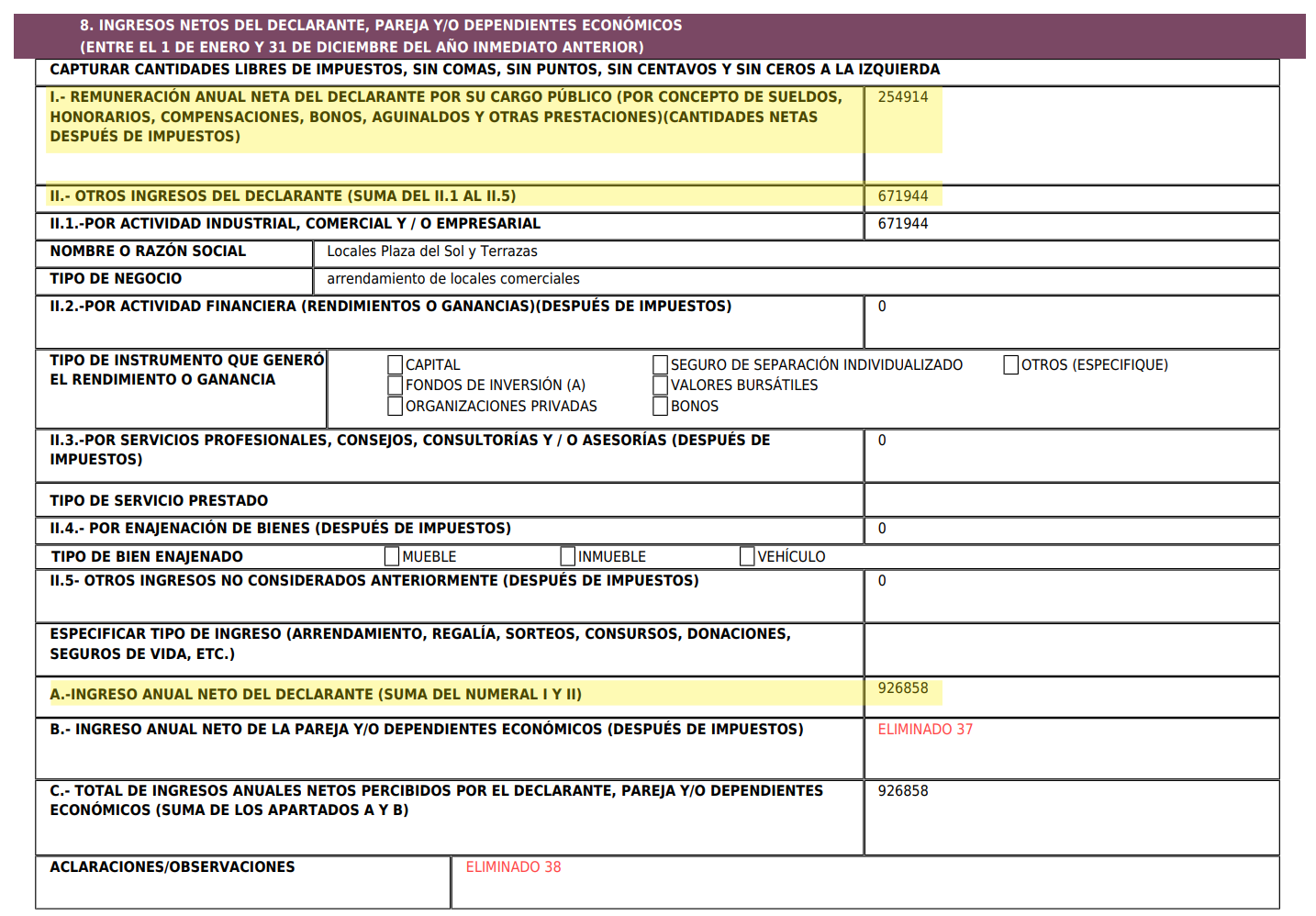 Los ingresos que no cuadran (Captura de la declaración patrimonial de Pablo Lemus)