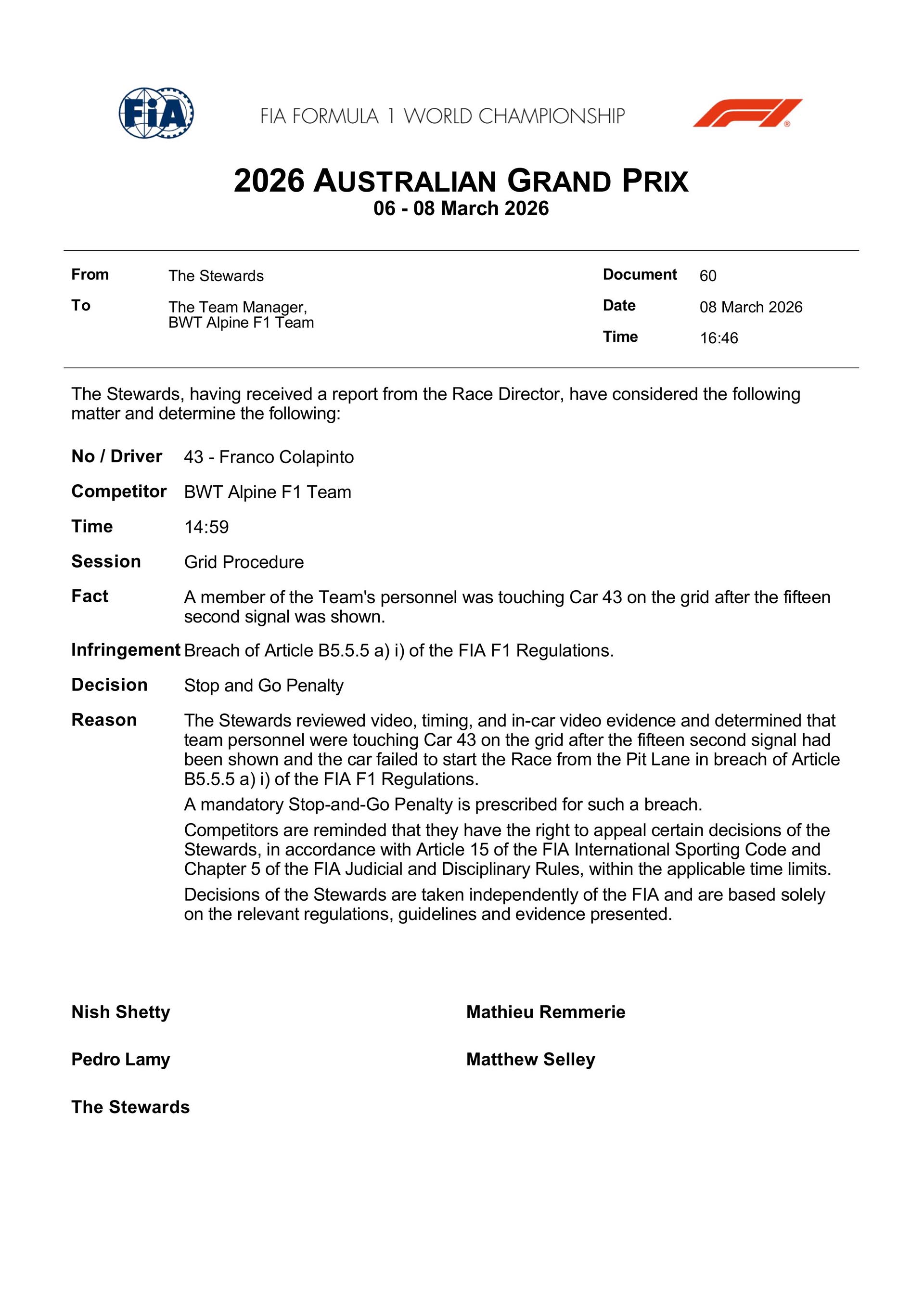 La autocr&iacute;tica del director de Alpine por el error que le cost&oacute; la sanci&oacute;n a Colapinto en la F1: la explicaci&oacute;n de la FIA