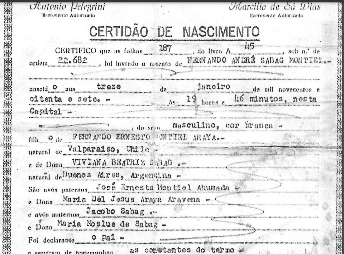 El certificado de nacimiento de Sabag Montiel.