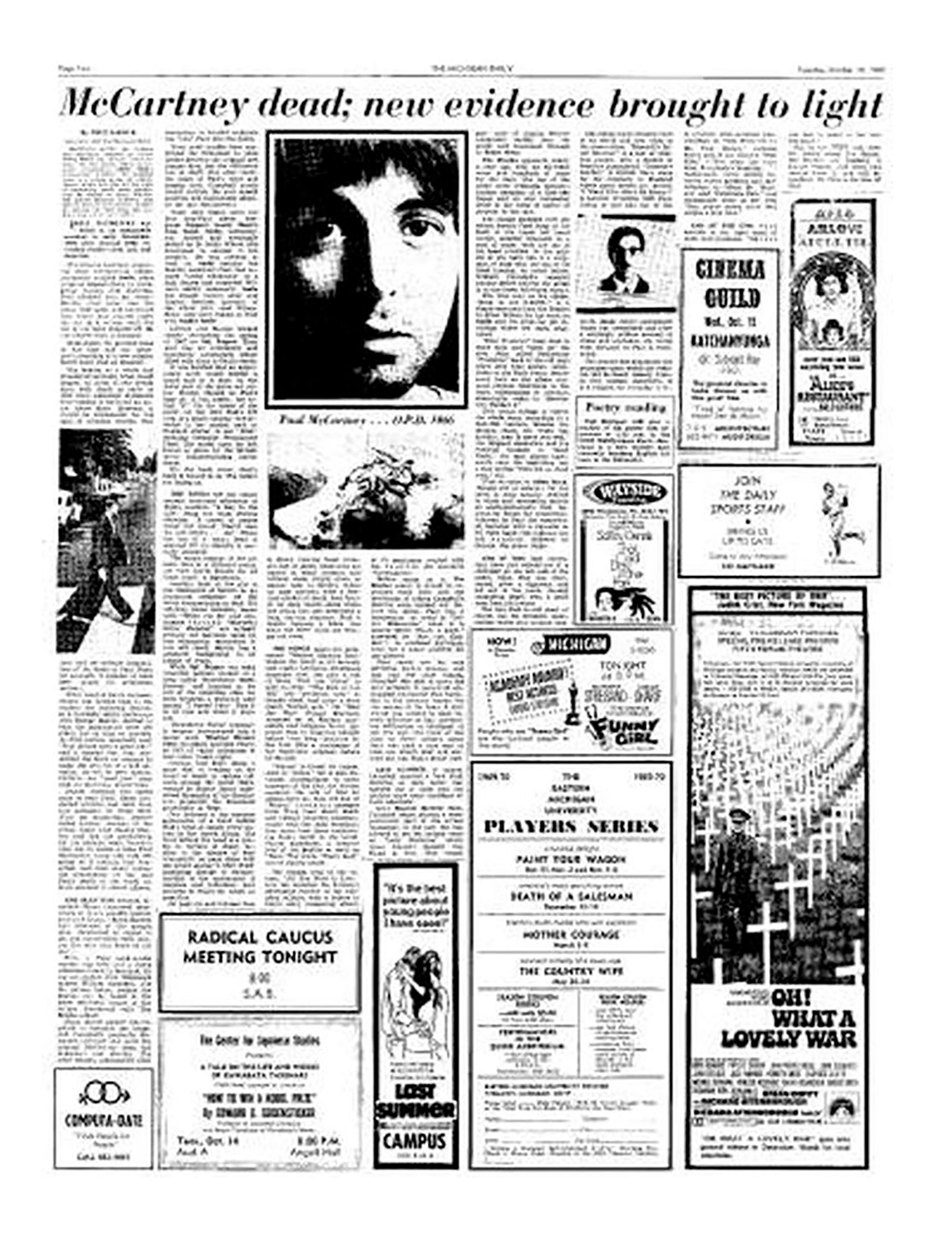 El diario Michigan Today publicó: "McCartney muerto: nuevas evidencias salen a la luz"