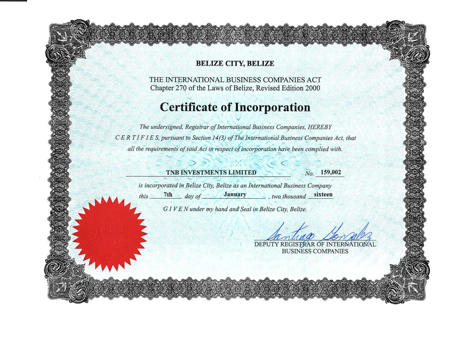 El certificado de accionista de TNB Investments