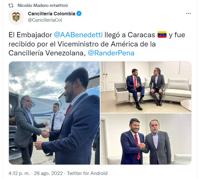 A través de su cuenta de Twitter, la Cancillería de Colombia dio a conocer el recibimiento que tuvo el embajador Armando Benedetti en Venezuela.
FOTO: Cancillería de Colombia, vía Twitter (@CancilleriaCol)