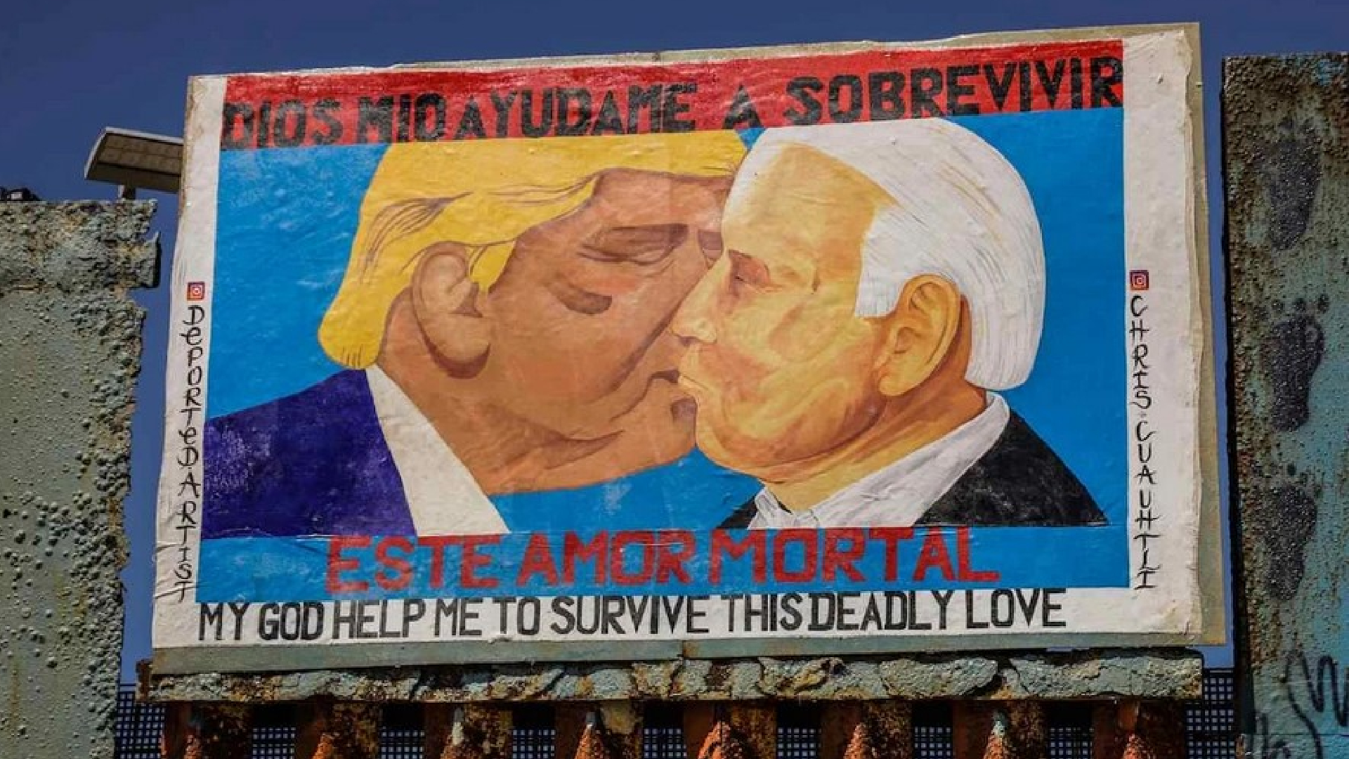 Activistas plasmaron un “beso” entre Biden y Trump y Biden sobre el muro fronterizo de Tijuana