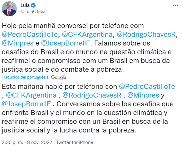 Tuit de Lula da Silva (Twitter: @LulaOficial)