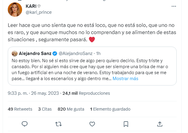 El comentario de Karina La Princesita tras el tuit de Alejandro Sanz