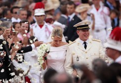 attend the religious ceremony of the Royal Wedding of Prince Albert II of Monaco to Princess Charlene of Monaco in the main courtyard at the Prince's Palace on July 2, 2011 in Monaco. The Roman-Catholic ceremony follows the civil wedding which was held in the Throne Room of the Prince's Palace of Monaco on July 1. With her marriage to the head of state of the Principality of Monaco, Charlene Wittstock has become Princess consort of Monaco and gains the title, Princess Charlene of Monaco. Celebrations including concerts and firework displays are being held across several days, attended by a guest list of global celebrities and heads of state.