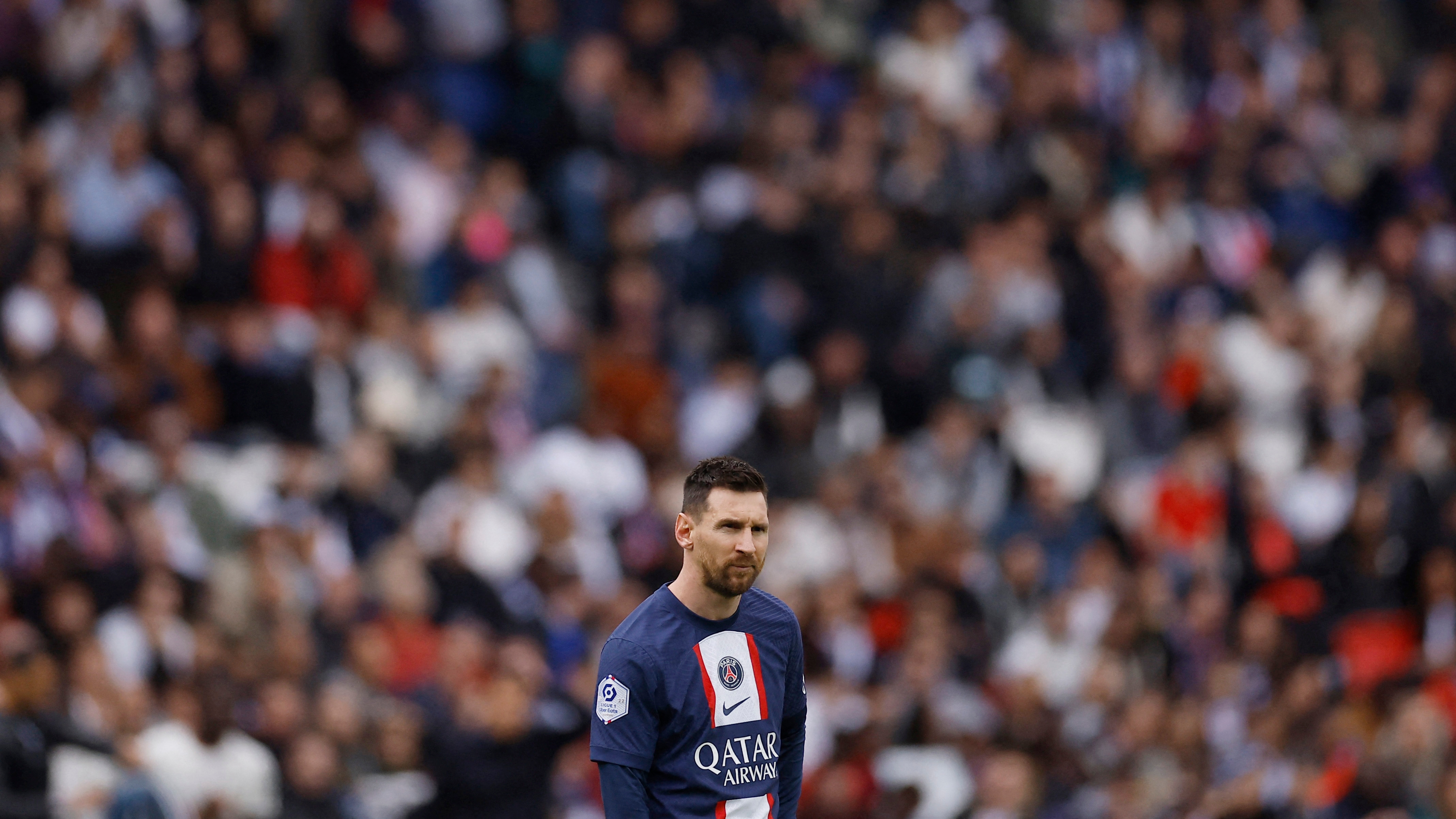Soccer Football - Ligue 1 - Paris St Germain v Lorient - Parc des Princes, Paris, France - April 30, 2023 Paris St Germain's Lionel Messi reacts REUTERS/Christian Hartmann
