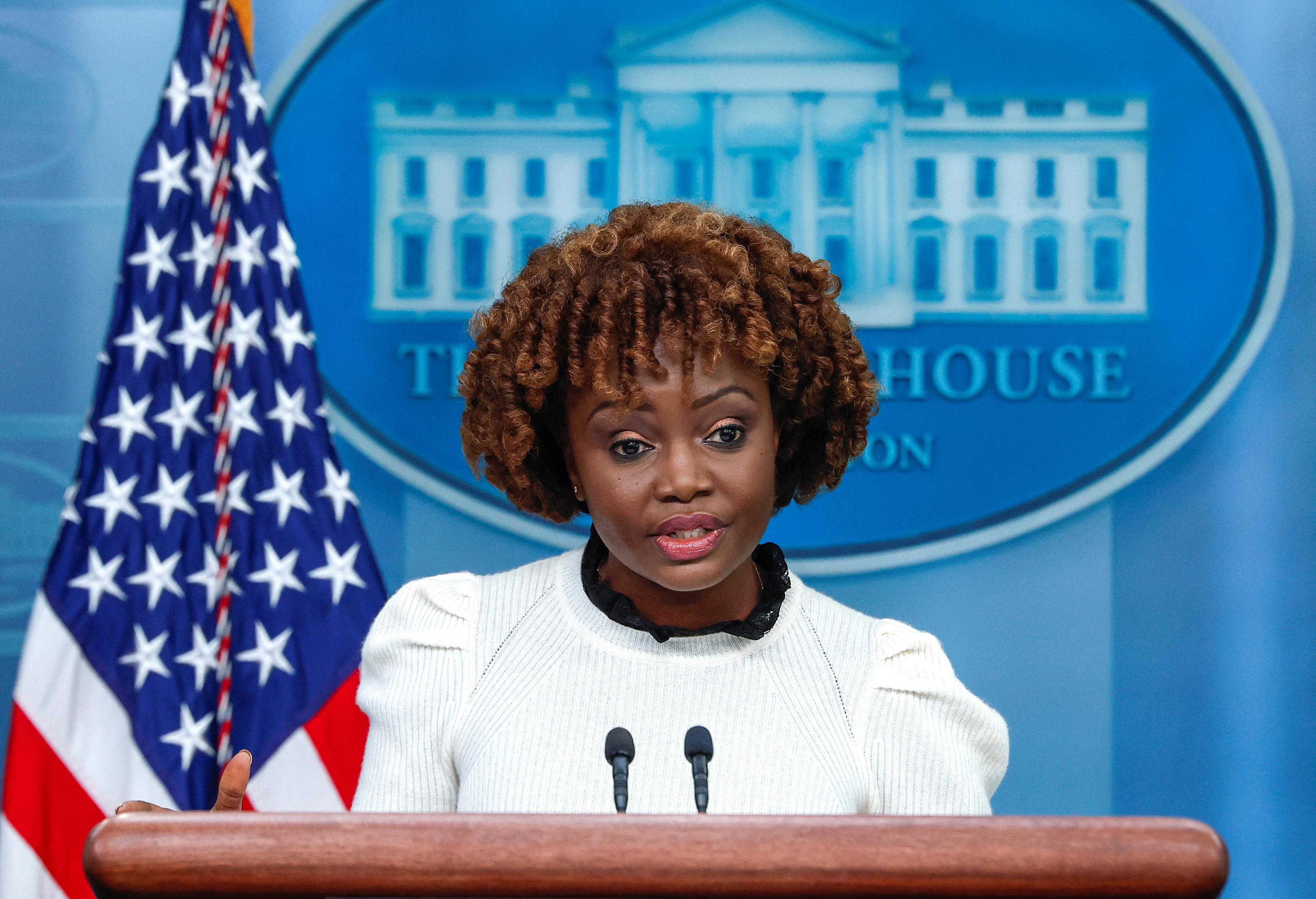 Press Secretary Karine Jean-Pierre holds the daily press briefing at the White House in Washington, U.S., March 16, 2023. REUTERS/Evelyn Hockstein