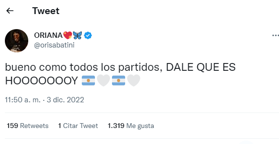 El mensaje de Oriana Sabatini a la selección argentina (Foto: Twitter)