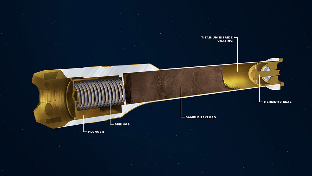 El tubo de titanio con la muestra de Marte dentro (NASA)
