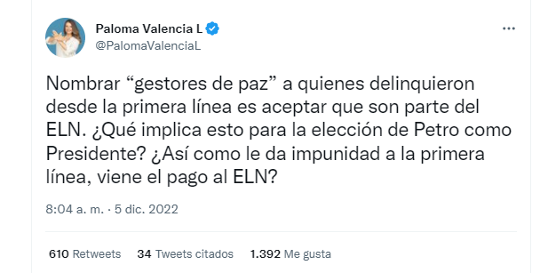 A través de Twitter, la senadora Paloma Valencia también criticó la designación de detenidos en protestas como gestores de paz. 
Vía Twitter (@PalomaValenciaL)