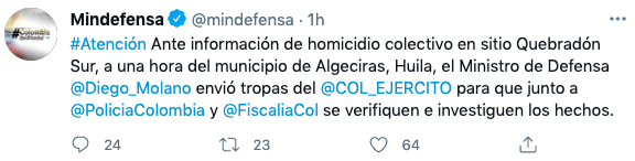 MinDefensa announced the multiple murder in Algeciras, Huila, via his Twitter account.  Screenshot.