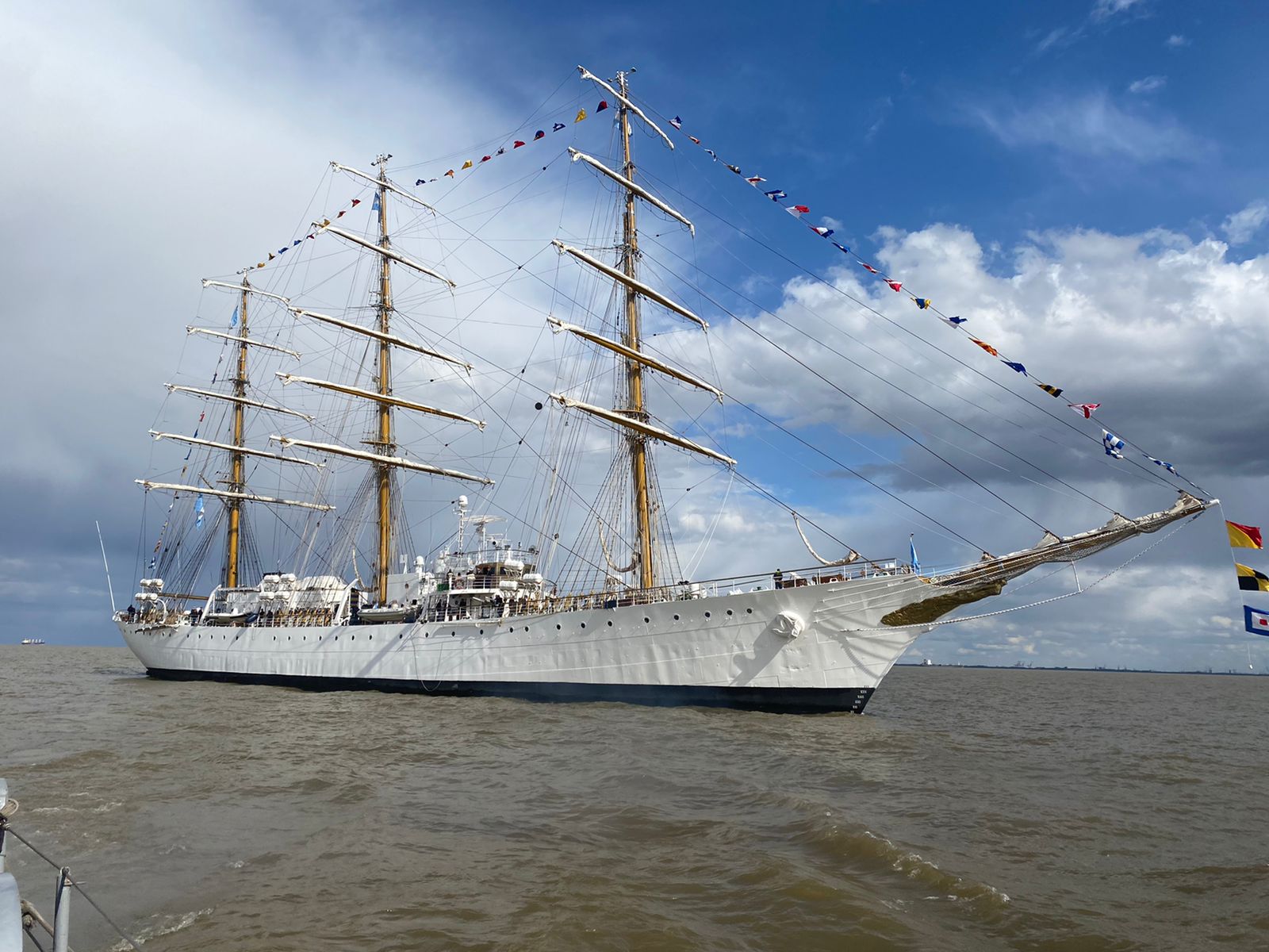 The frigate ARA Libertad is anchored in the Rada La Plata awaiting the resolution of the union dispute