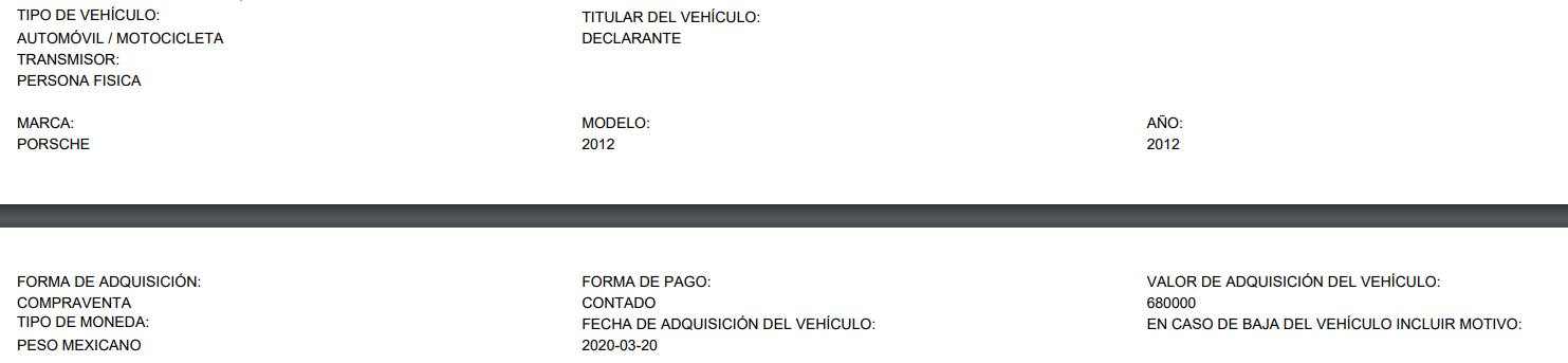 Un Porsche, el auto más caro de la colección (Captura de la declaración patrimonial de Ana Guevara)