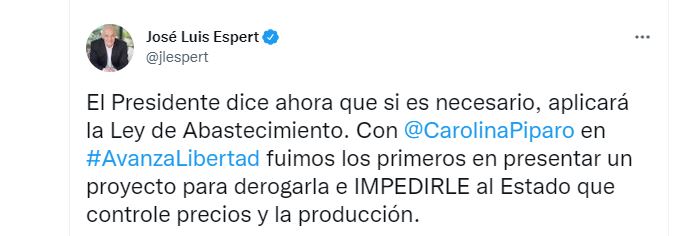 Tuit del diputado José Luis Espert sobre el discurso del presidente Alberto Fernández