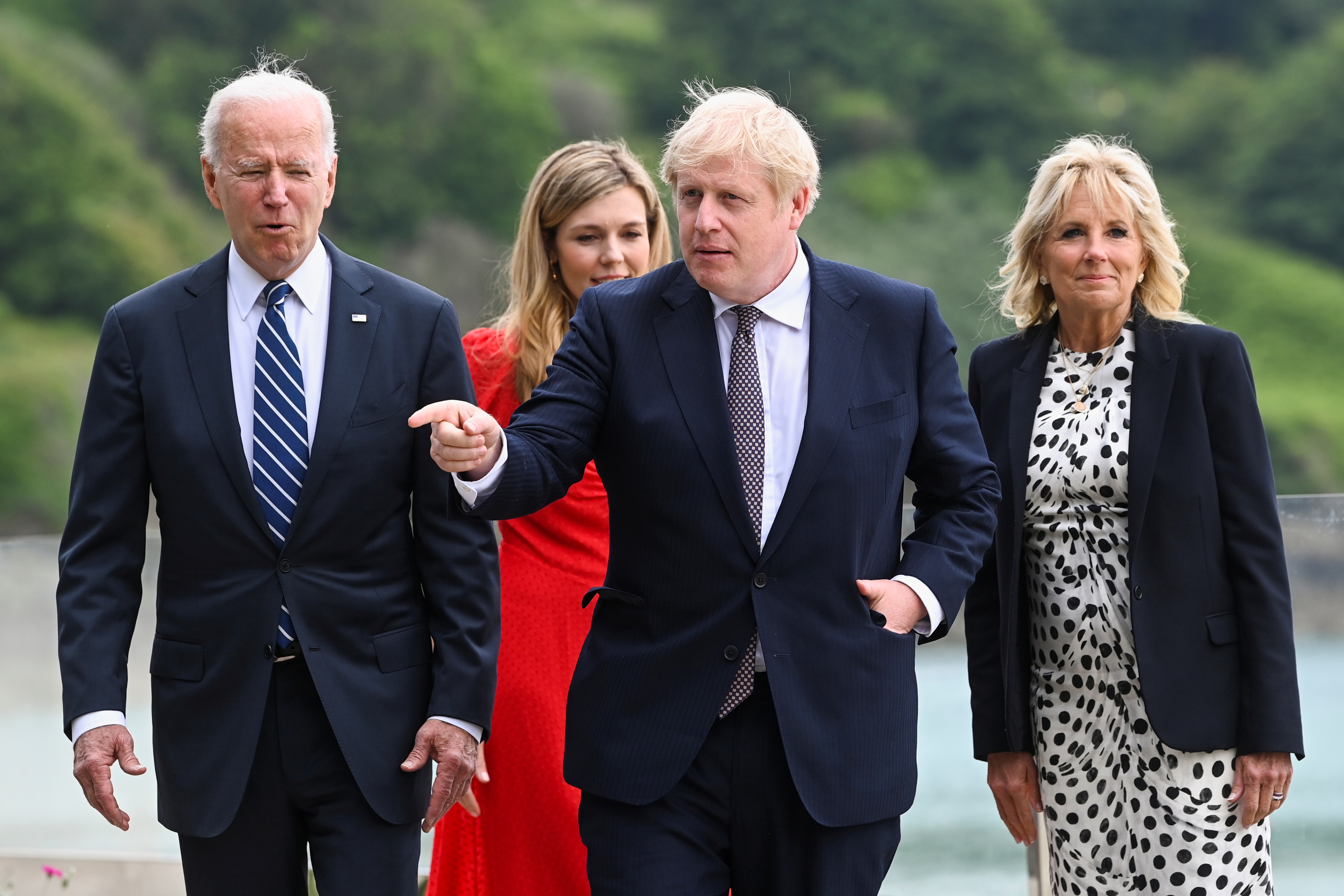 El primer ministro del Reino Unido, Boris Johnson, su esposa Carrie Johnson, junto al presidente de Estados Unidos, Joe Biden y la primera dama Jill Biden 