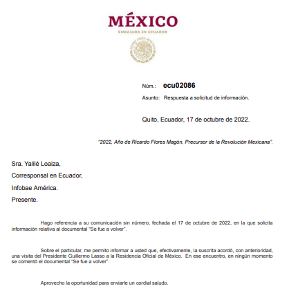 Respuesta de la embajadora de México en Ecuador a Infobae.