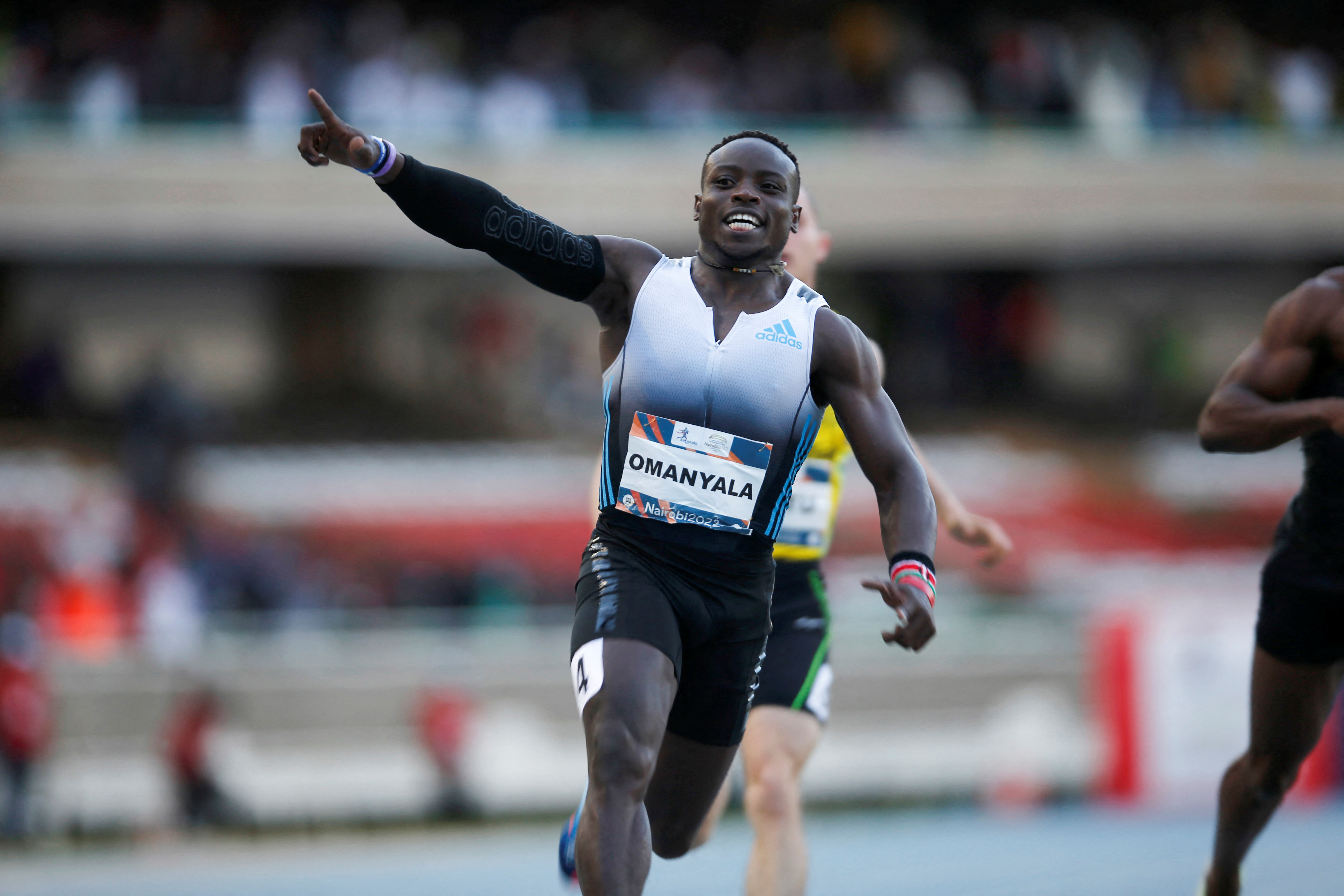 Kenya's Ferdinand Omanyala celebrates wining the men's 100 meters race during the third edition of Kip Keino Classic at the Kasarani stadium in Nairobi, Kenya May 7, 2022. REUTERS/Monicah Mwangi