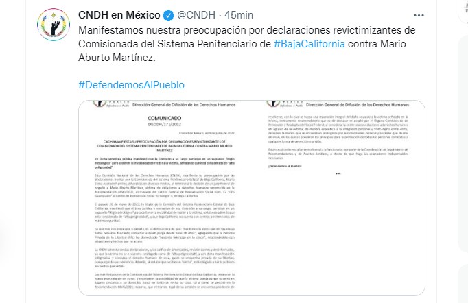 La Comisión Nacional de los Derechos Humanos (CNDH) se manifestó por la revictimización que una funcionaria del Sistema Penitenciario de Baja California realizó a Mario Aburto (Foto: Twitter / @CNDH)